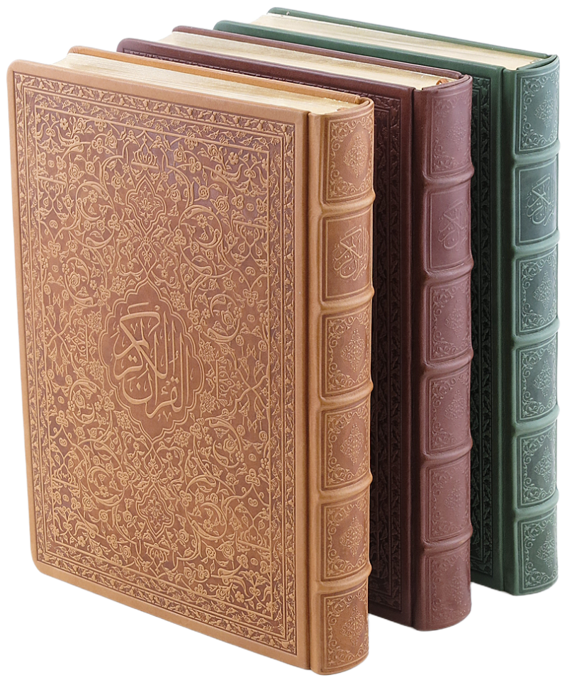 Three genuine-leather Qur'an bindings in tan, maroon and green with hand-formed raised spine bands