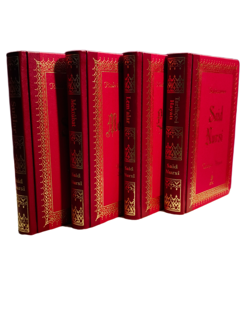 Four quarter-leather volumes: genuine-leather spines with bookcloth boards and gold tooling